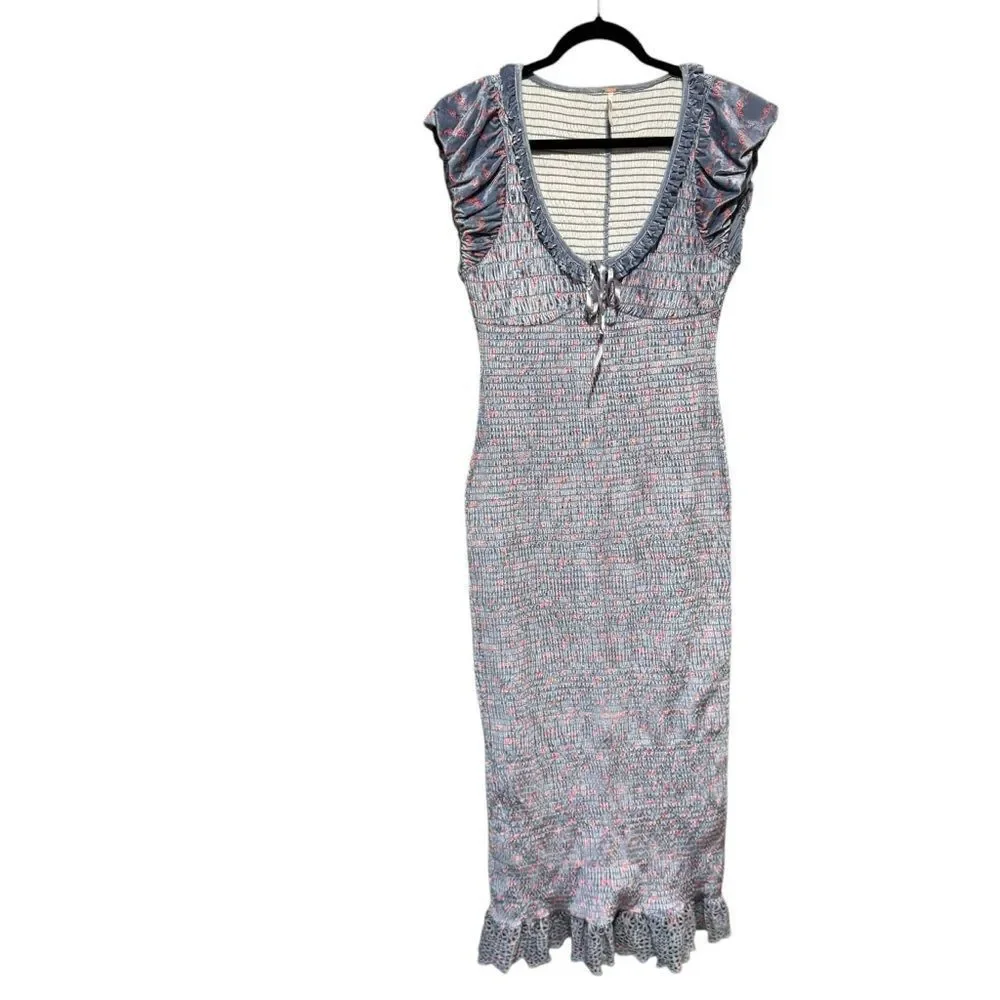 Revolve Free People Mckenna Velvet Midi Dress Smocked Slim Fitted Blue Combo - Picture 3 of 10